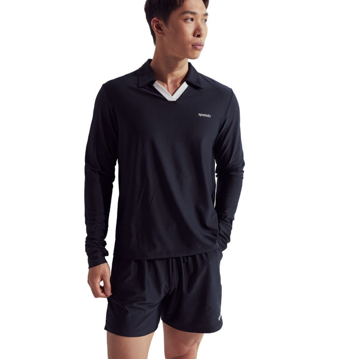 Man wearing black Speedo Wavechasers 2.0 watershorts with an adjustable drawstring waist.