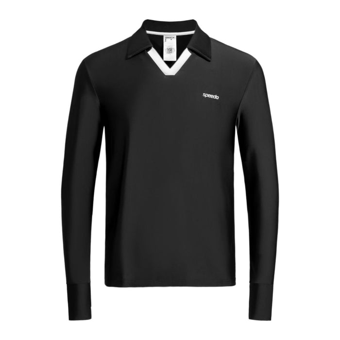 Black Speedo Wavechasers 2.0 men's long sleeve polo with white V-neck trim and collar.
