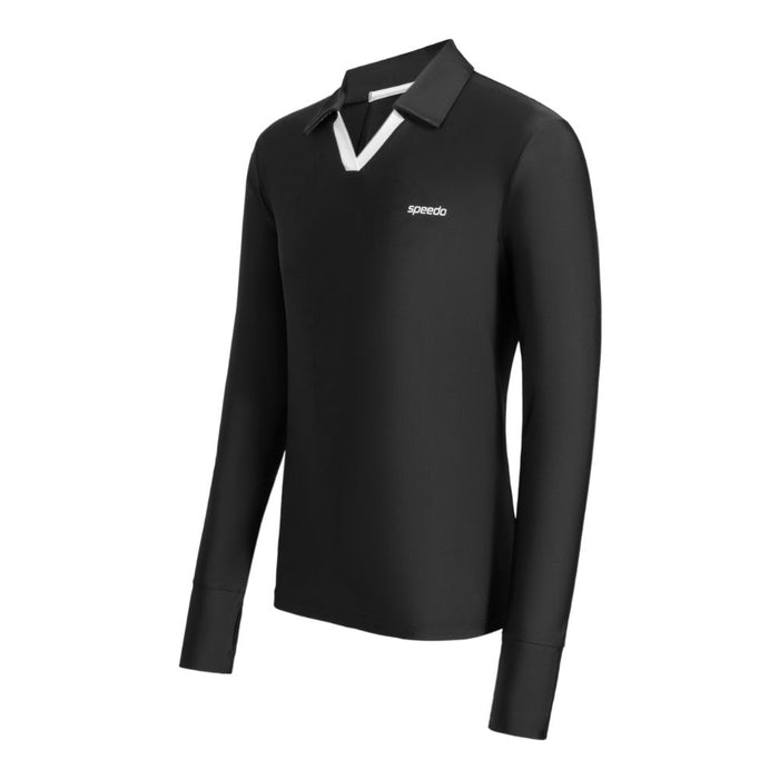 Black Speedo Wavechasers 2.0 men's long sleeve polo with white collar trim and logo, made from recycled EnduraBrite fabric.