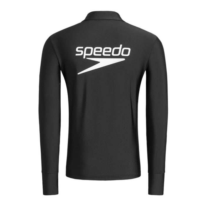 Black Speedo Wavechasers 2.0 men's long sleeve polo with white Speedo logo on back.