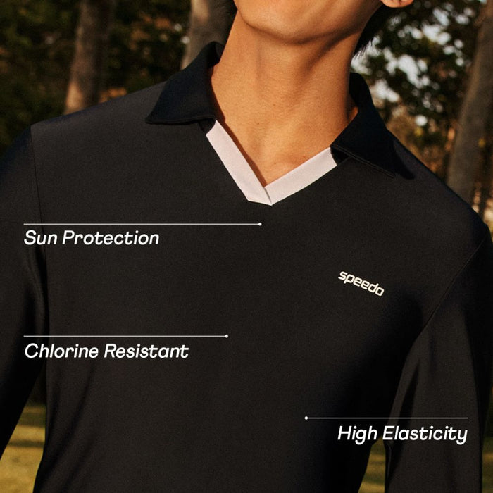 Speedo Wavechasers 2.0 men's black long-sleeve polo with white V-neck trim, UPF50+ sun protection, and chlorine resistance.