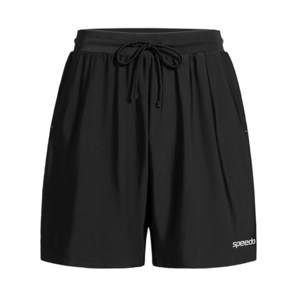 Black Speedo Wavechasers 2.0 men's watershorts with drawstring waist, side pockets, and white Speedo logo.