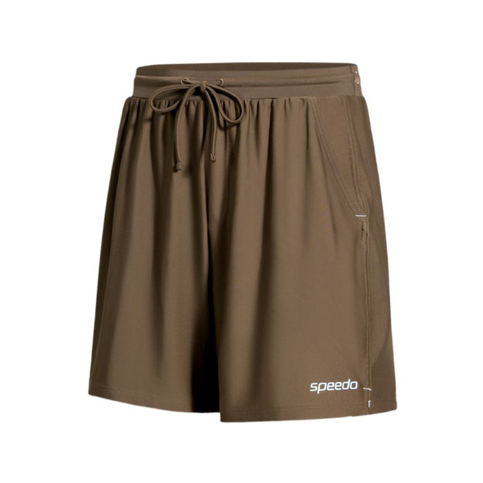 Brown Speedo Wavechasers 2.0 men's watershorts with drawstring waist, side pockets, and white Speedo logo.