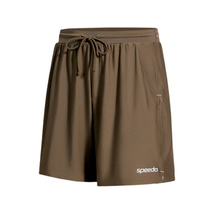 Brown Speedo Wavechasers 2.0 men's watershorts with drawstring waist, side pockets, and white Speedo logo.