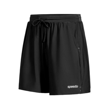 Black SPEEDO Wavechasers 2.0 men's watershorts with drawstring waist, side pockets, and white Speedo logo.