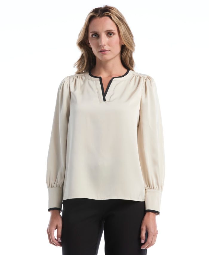 Petite Split Neck Contrast Trim Blouse (Oatmeal)