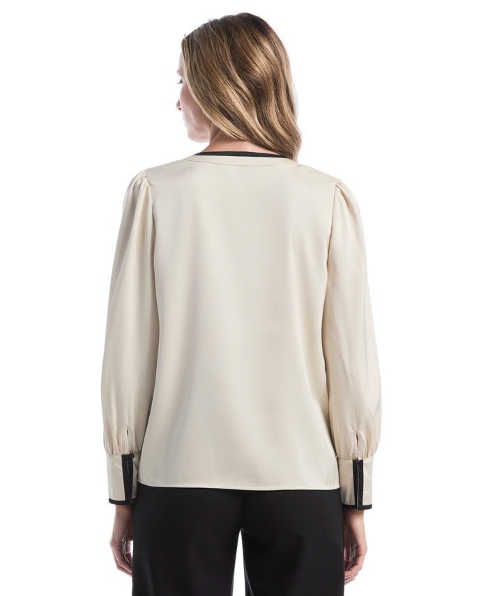 Petite Split Neck Contrast Trim Blouse (Oatmeal)