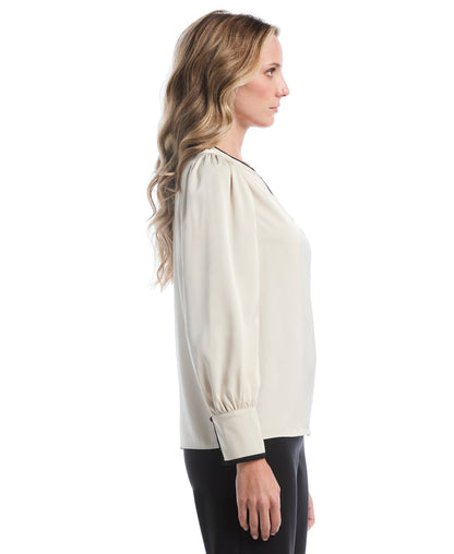 Petite Split Neck Contrast Trim Blouse (Oatmeal)