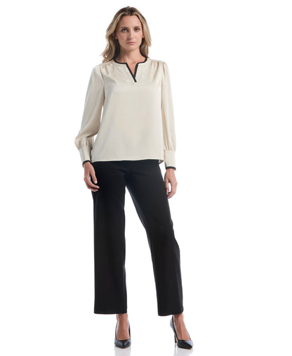 Petite Split Neck Contrast Trim Blouse (Oatmeal)