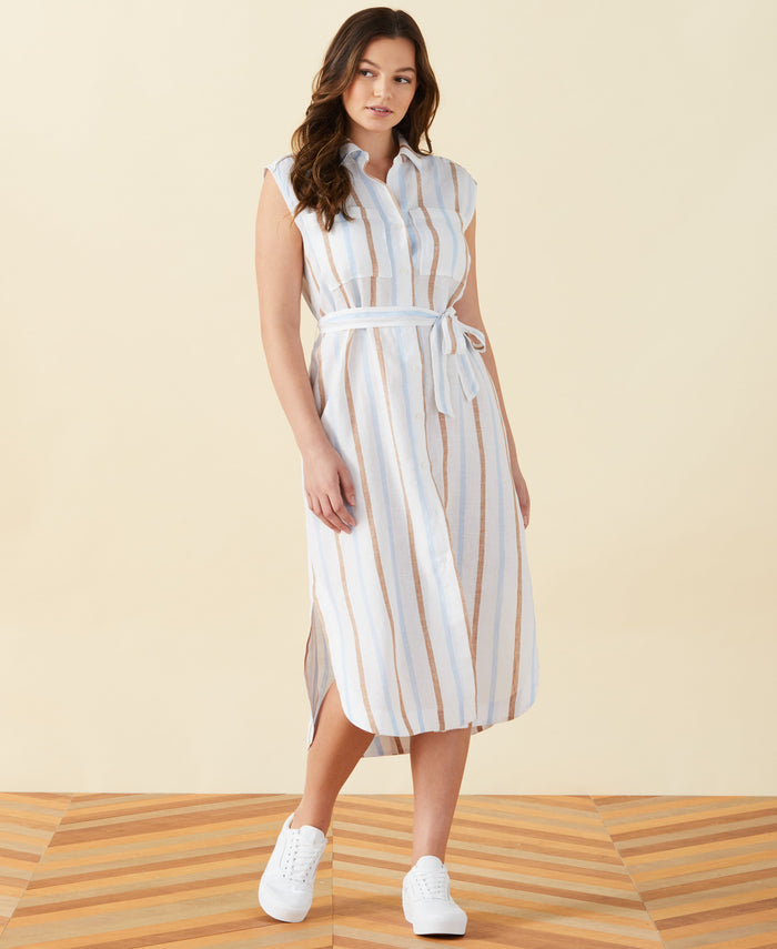 Stripe Linen Shirtdress (White)