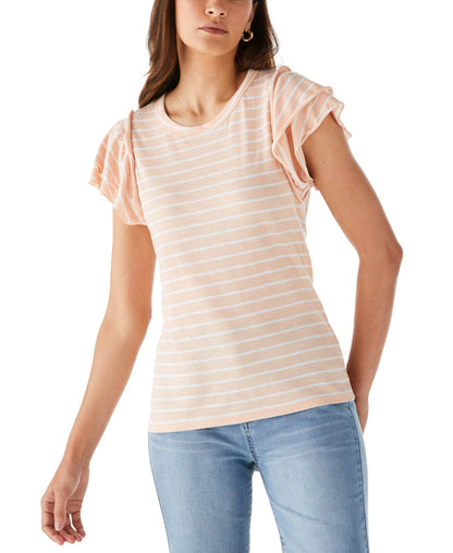 Stripe Ruffle Sleeve Tee (Peach Melba)