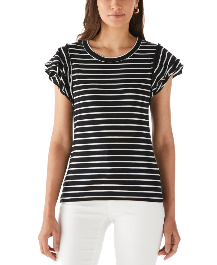 Stripe Ruffle Sleeve Tee (Black)
