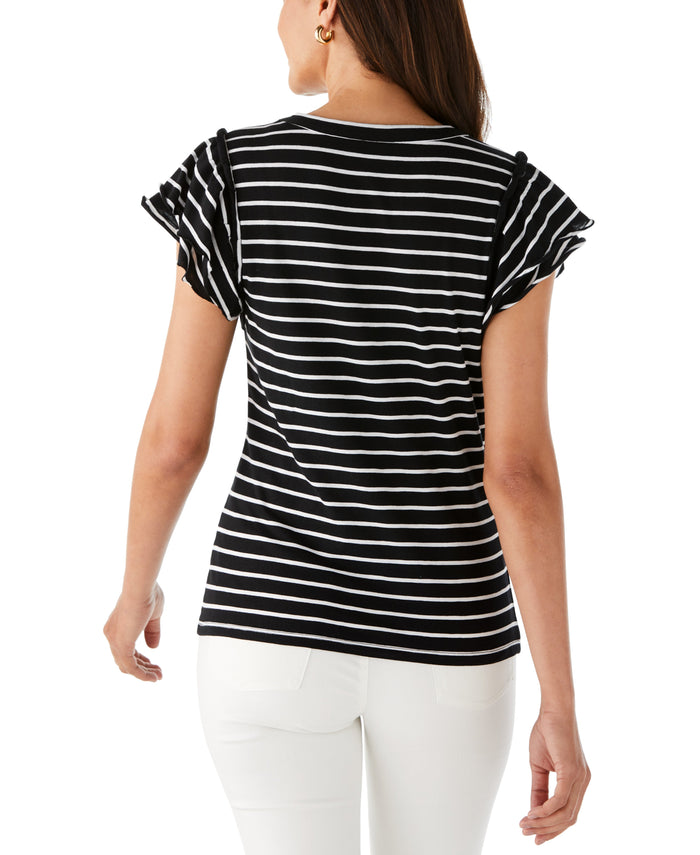 Stripe Ruffle Sleeve Tee (Black)