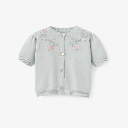 Aqua Short Sleeve Embroidered Baby Cardigan
